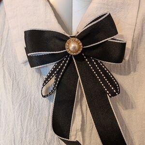Black and White Bow with Pearl Accent Brooch